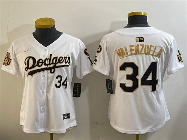 Youth Los Angeles Dodgers #34 Toro Valenzuela White/Gold 2024 World Series With Fernando Memorial Patch Home Limited Stitched Baseball Jersey
